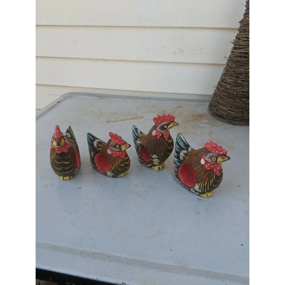 Folk Art Wood Painted Chicken Napkin Ring Holders Set of 4